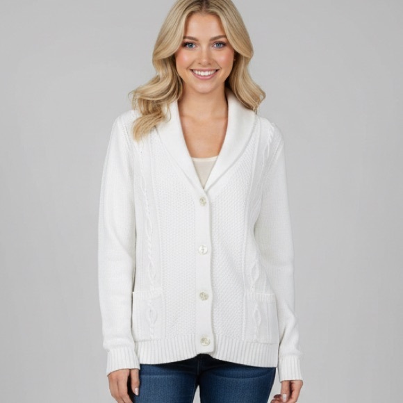 Lauren Active Ralph Lauren White Shawl Collar‎ CableSweater